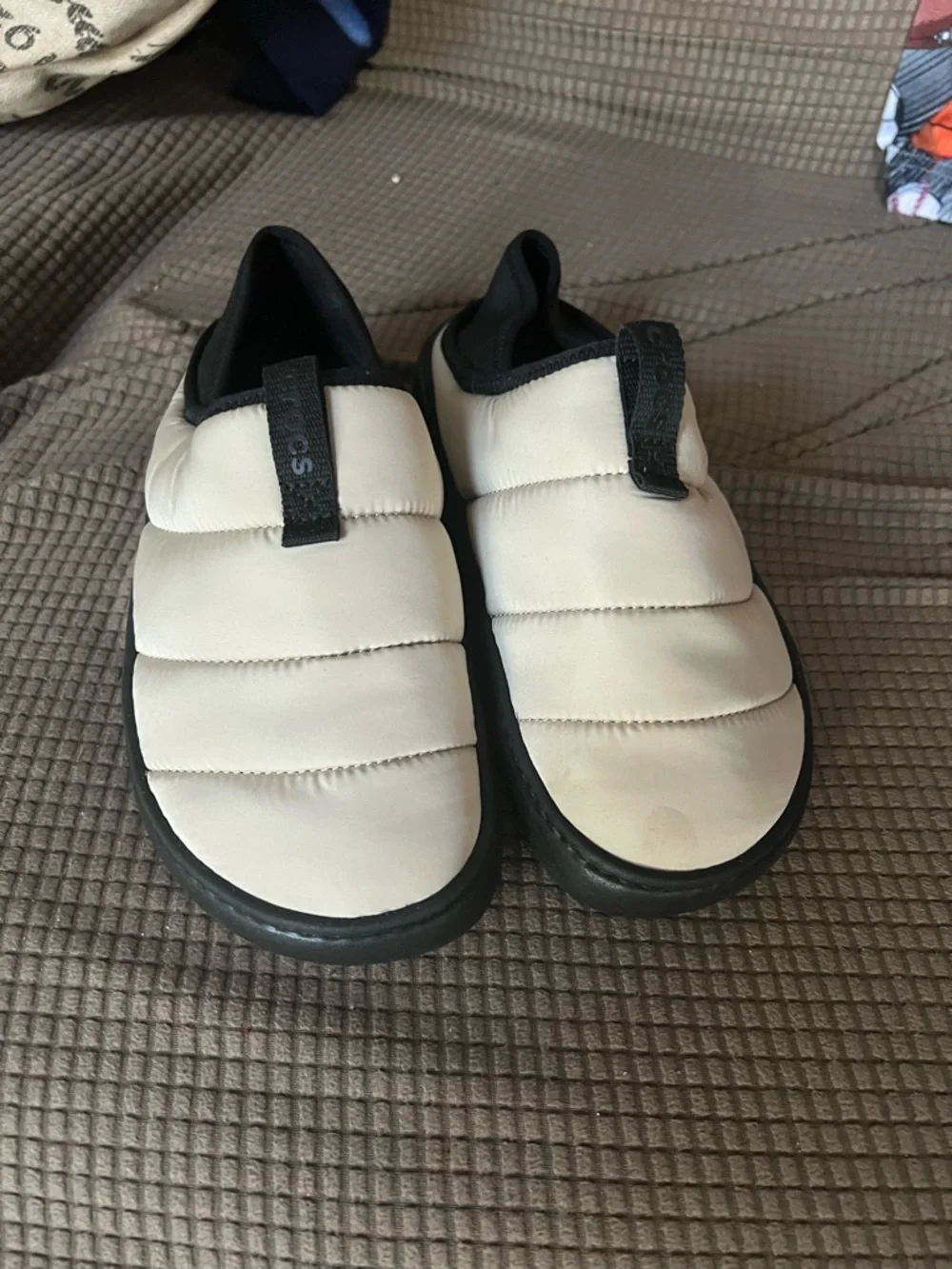 CROCS Kids Quilted Puff Slip-Ons in Cream and Black